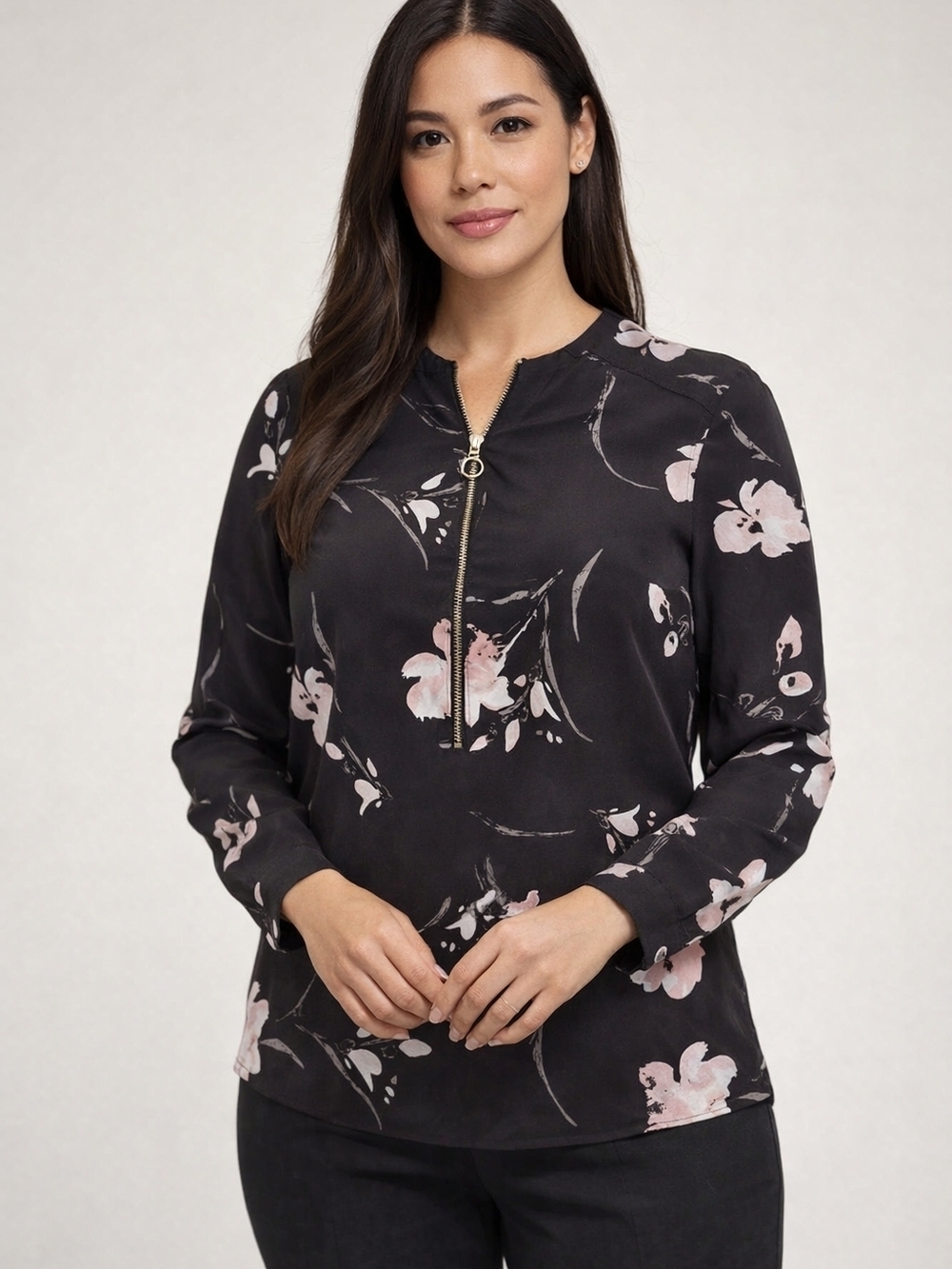 Ricki’s Floral Zip Front Blouse 8 Black Workwear Minimalist Office Professional